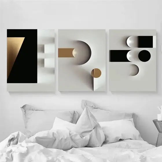 Quadro Decorativo Para Sala Abstrato 3D Arte Geométrica Minimalista em Preto Branco e Dourado Quarto
