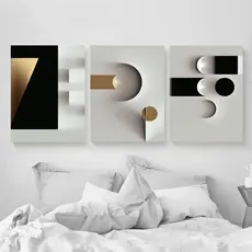 Quadro Decorativo Para Sala Abstrato 3D Arte Geométrica Minimalista em Preto Branco e Dourado Quarto