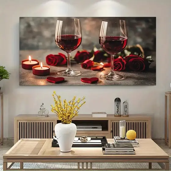 Quadro Decorativo Taças de Vinho com Rosas Vermelhas e Velas – Arte Elegante para Sala ou Quarto