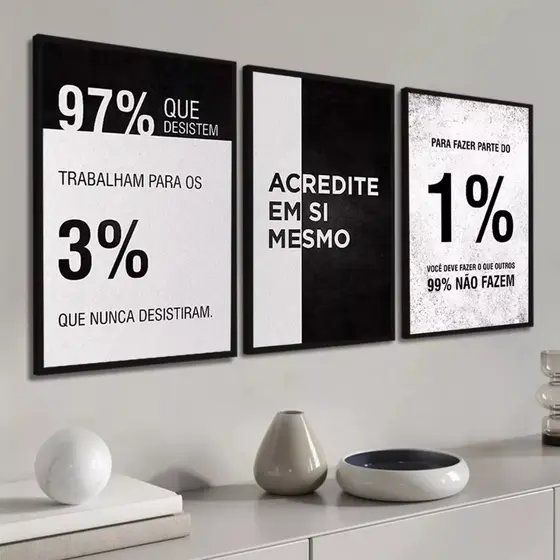 Kit 3 Quadros Decorativos Frases Motivacionais Decoração Sala Quarto Escritório Sucesso e Motivação
