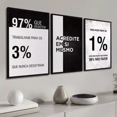 Kit 3 Quadros Decorativos Frases Motivacionais Decoração Sala Quarto Escritório Sucesso e Motivação