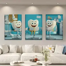 Quadro Decorativo Clínica Odontológica Dentes Desenho 3 peças para Consultório Sala Espera clínica.