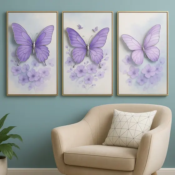 Kit 3 Quadros Decorativos Borboletas Lilás – Charme e Delicadeza para sua Parede