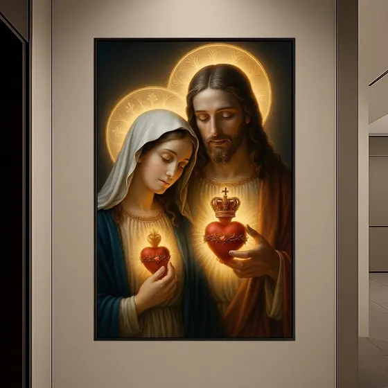 Quadro Decorativo Grande Sagrado Coração de Jesus e Maria 1 Tela 4K Decoração Parede Quarto Sala