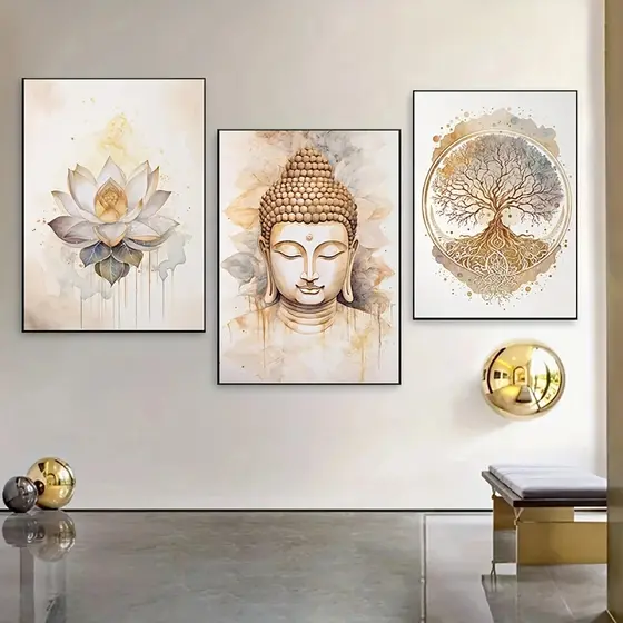 Quadro Decorativo Buda Flor Árvore da Vida 3 Peças Sala Quarto