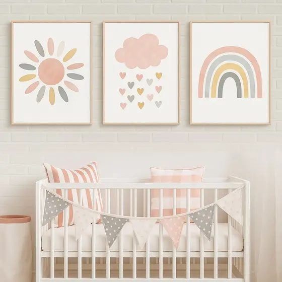 Kit 3 Quadros Decorativos Para Quarto Infantil - Bebê Menina Arco-íris Nuvem Sol Delicado
