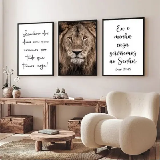 Quadro Leão Decoração Quarto Sala Evangélico Eu E Minha Casa Serviremos Ao Senhor Kit 3 Peças 4K