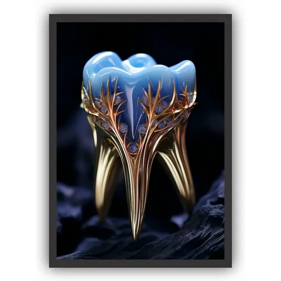 Quadro Decorativo Odontologia Luxo Azul e Dourado para Consultório Clínica Dental Decoração Moderna