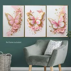 Kit 3 Quadros Decorativos Borboletas Rosas – Charme e Delicadeza para seu Ambiente