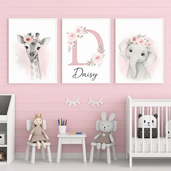 KIT 3 QUADROS DECORATIVOS QUARTO MENINA PERSONALIZADO COM SEU NOME SAFARI