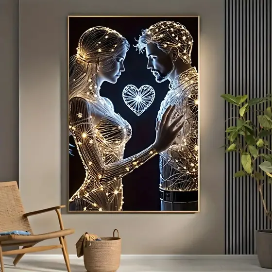 Quadro Decorativo Casal Conectado Amor Luz Coração Moderno Romântico para Sala ou Quarto