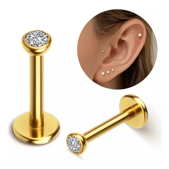 KIT 2 Piercing Titânio Ponto Luz Zircônia Helix Conch Labret Pvd 100% Titânio