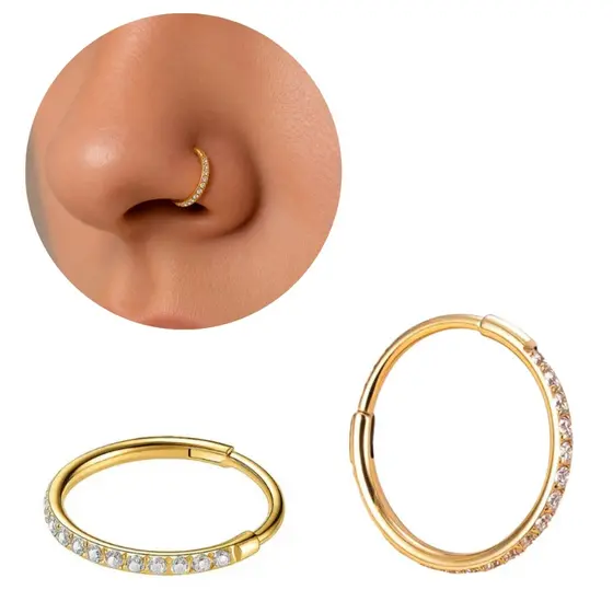 Piercing Cravejado Argola Em Titânio  Para Nariz Fina Click 8mm Nostril Prateado e Dourado