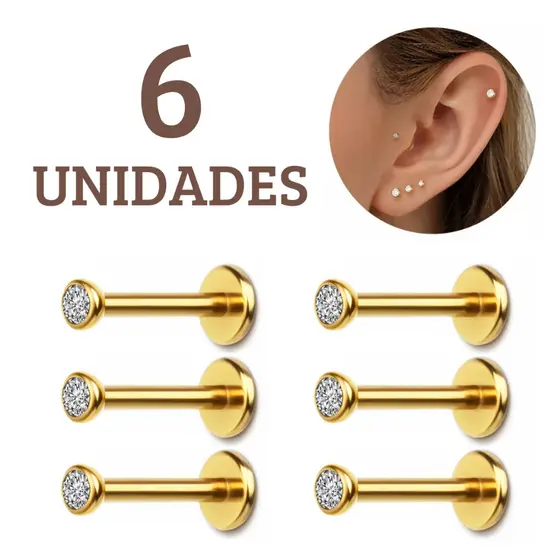 KIT 6 Piercing Titânio Ponto Luz Zircônia Helix Conch Labret Pvd Dourado ou Prata Gold e Silver