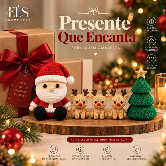Kit Decoração Natalina Vila de Natal Papai Noel 3 Renas Árvore Presente Natal