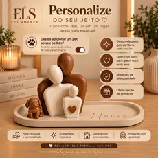 Escultura Decorativa Família com Bandeja Home | Enfeite Moderno para Sala e Aparador