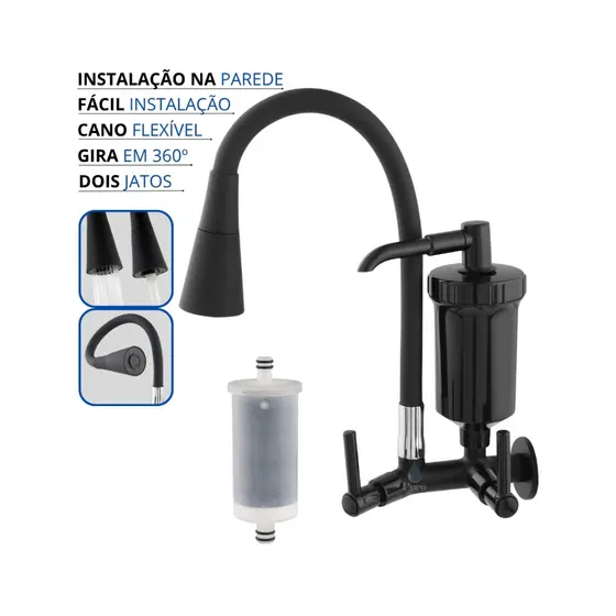 Torneira com Filtro Gourmet Flexível Cozinha Parede Preta All black c/ Ducha 2 Jatos 1/4 de Volta + Refil