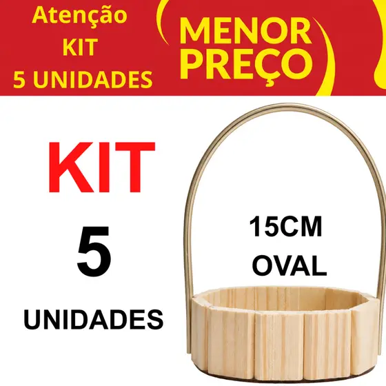 Kit 5 Cestas Fraldeira Oval 15cm Madeira Pinus com Alça para Kits, Presentes e Decoração