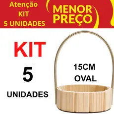 Kit 5 Cestas Fraldeira Oval 15cm Madeira Pinus com Alça para Kits, Presentes e Decoração
