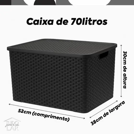 Caixa Organizadora Rattan Com Tampa 70 Litros Preto Grande Multiuso