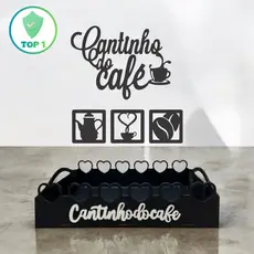 Kit Cantinho do Café 4 Apliques e Bandeja Coração em MDF Preto