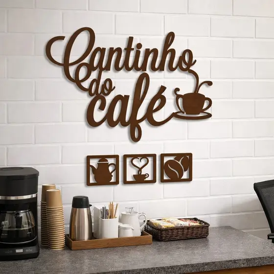 Kit Aplique Cantinho do Café Decoração de Parede 4 Apliques em MDF