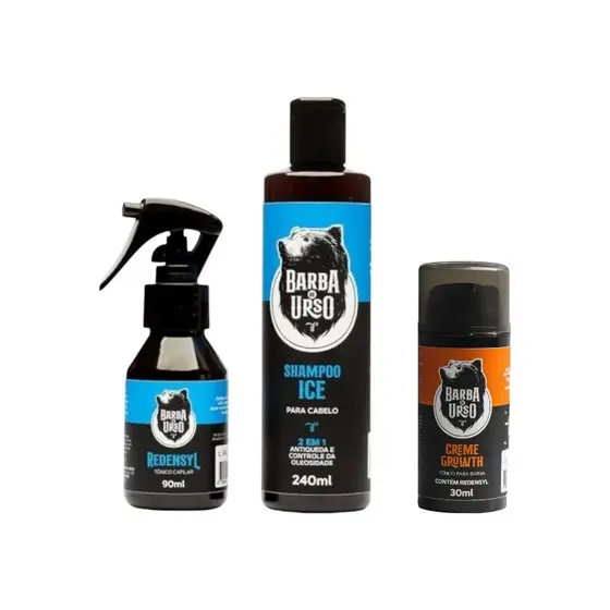 Kit Shampoo antiqueda + Tônico Capilar Redensyl + Tônico para a Barba Creme Growth Barba de Urso