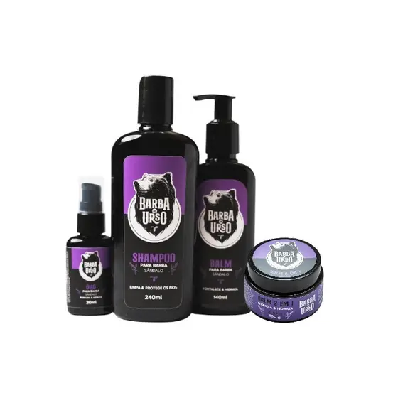 Kit Shampoo pra barba 200ml, Balm Hidratante 140ml, Óleo e Balm 2 em 1 (hidratante e modelador) Sândalo Barba de Urso