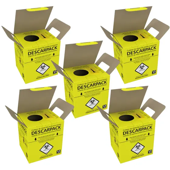 Kit 5 un Coletor Perfurocortante 1,5L Descarpack Descarte Seguro p/ Agulhas e Resíduos