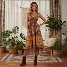 Europeu americano Retro caju flor impressão com decote em V estilingue vestido boêmio cintura alta Irregular vestido de