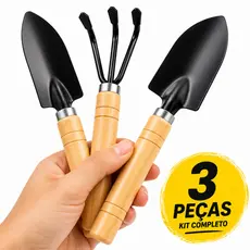 Kit Mini Jardinagem Ferramentas 3 Peças Pá Ancinho Madeira Vasos Plantas Bonsai Suculentas