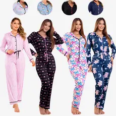 Pijama Feminino Americano Longo Pós Cirúrgico Amamentação Inverno de Listra rosa