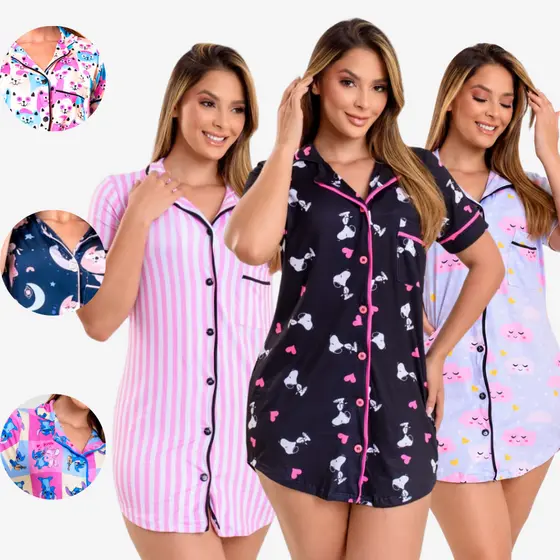 Pijama Chemise Camisola Americano Curto Pós Cirúrgico Stitch Várias Estampas