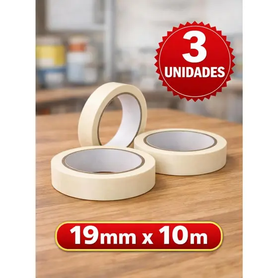 Fita Crepe 19mm x 10 m - Pintura Automotiva e Proteção, Uso Geral Alta Aderência - Kit com 3 rolos