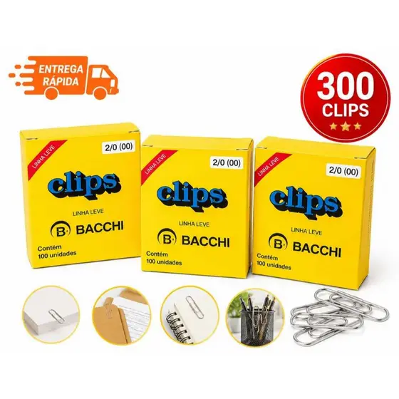 Kit 300 Clips Bacchi 2/0 Linha Leve Caixa 100 Unidades Papelaria Escritório