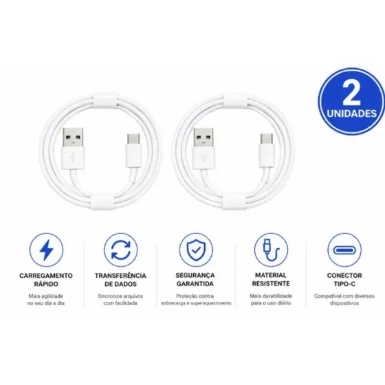 Cabo Tipo C Turbo Samsung KIT 2  unidades USB x Tipo C Reforçado Compatível Iphone 15 16 e 17 Pro Max Android 1m