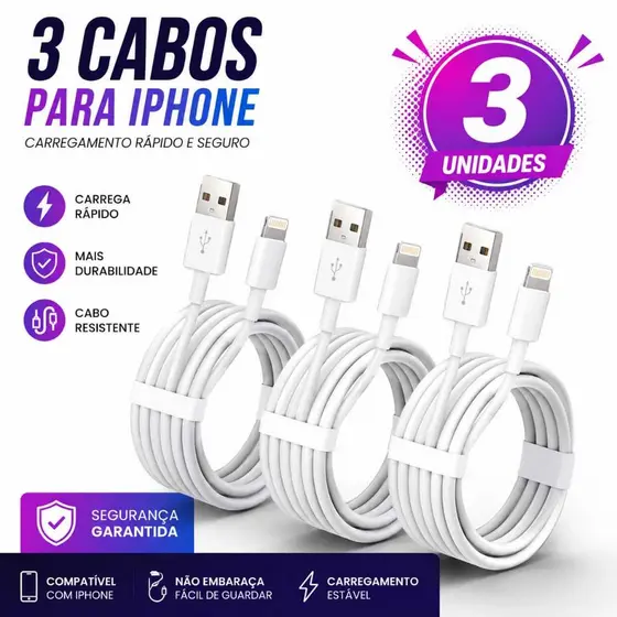 Kit 3 Cabos Lightning USB Turbo Compatível modelos 7 8 11 12 13 14 1m Carregamento Rápido