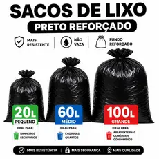 Saco de Lixo Preto 20 60 100L Reforçado Resistente Grande Ideal para Condominios Cozinha Kit com 10 unidades