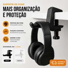 Suporte  Fone Headset Mesa Ajustável Organizador  Mesa Fixação  Rosca Preto Branco Universal