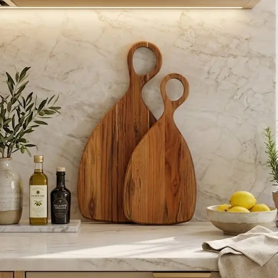 Kit Tábua de Corte Royal Com Cabo Decorar Cozinha Servir e Cortar P e M - Madeira Nobre Premium