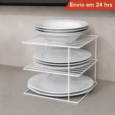 Organizador De Pratos Divisor 3 Níveis Rack Aramado Armario Cozinha Cor Branco e Preto