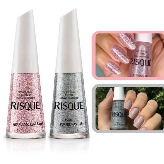 Kit Esmalte Risque Glitter Mil Purpurinas + Granulado Rose