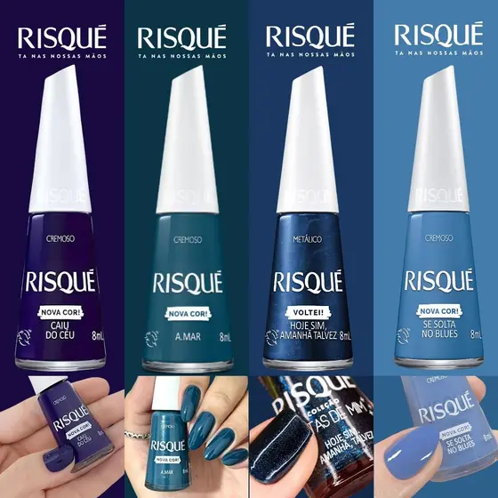 Kit 4 Esmalte Risqué Tons Azul Cremoso Metálico Nova Coleção Risqué Esmalte Atacado