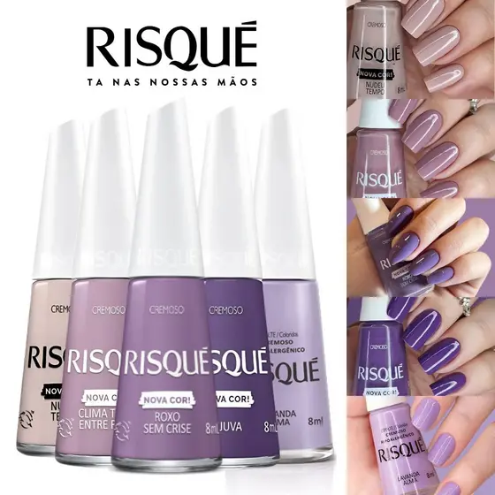 Kit 5 Esmaltes Risqué Novas Cores Cremosas Tons Lilás Lavanda Esmalte Atacado