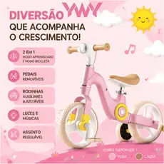 Bicicleta Infantil 2 em 1 com Pedais Removíveis Luzes Música Rodas Auxiliares Rosa Cáqui P24