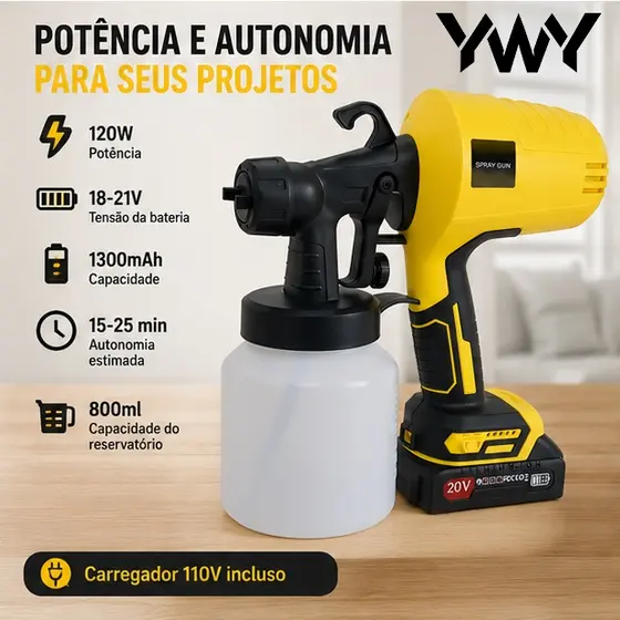 Pistola Pulverizadora Elétrica 120W Sem Fio 800ml Recarregável Carregador 110V Alta Potência J4