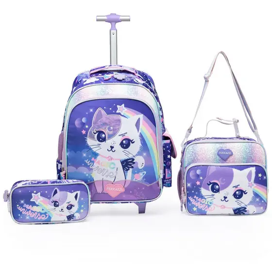 Ferrazzi Kit 3 Mochila Rodinhas Com Lancheira Estojo Gatinha Infantil Mochilas Escolar Meninas