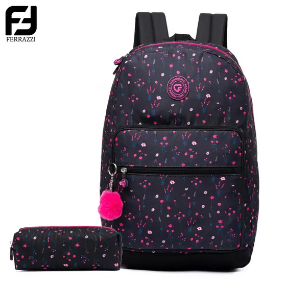 Ferrazzi Kit Mochila Estojo Moda Feminina Resistente Rosa Alça Confortável Mochila Escolar Estudante Casual 26L