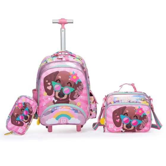 Ferrazzi Kit Escolar Infantil Mochila Rodinha Lancheira Estojo Menina Cachorro Rosa