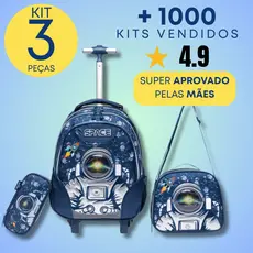 Kit Escolar 3 Peças Infantil Astronauta Mochila Rodinhas Lancheira Estojo Modelo 3D Premium